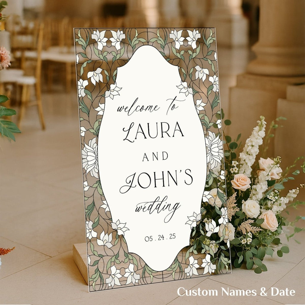 Stained Glass Wedding Sign, Cream Floral Wedding Welcome Sign - SpeedyOrders