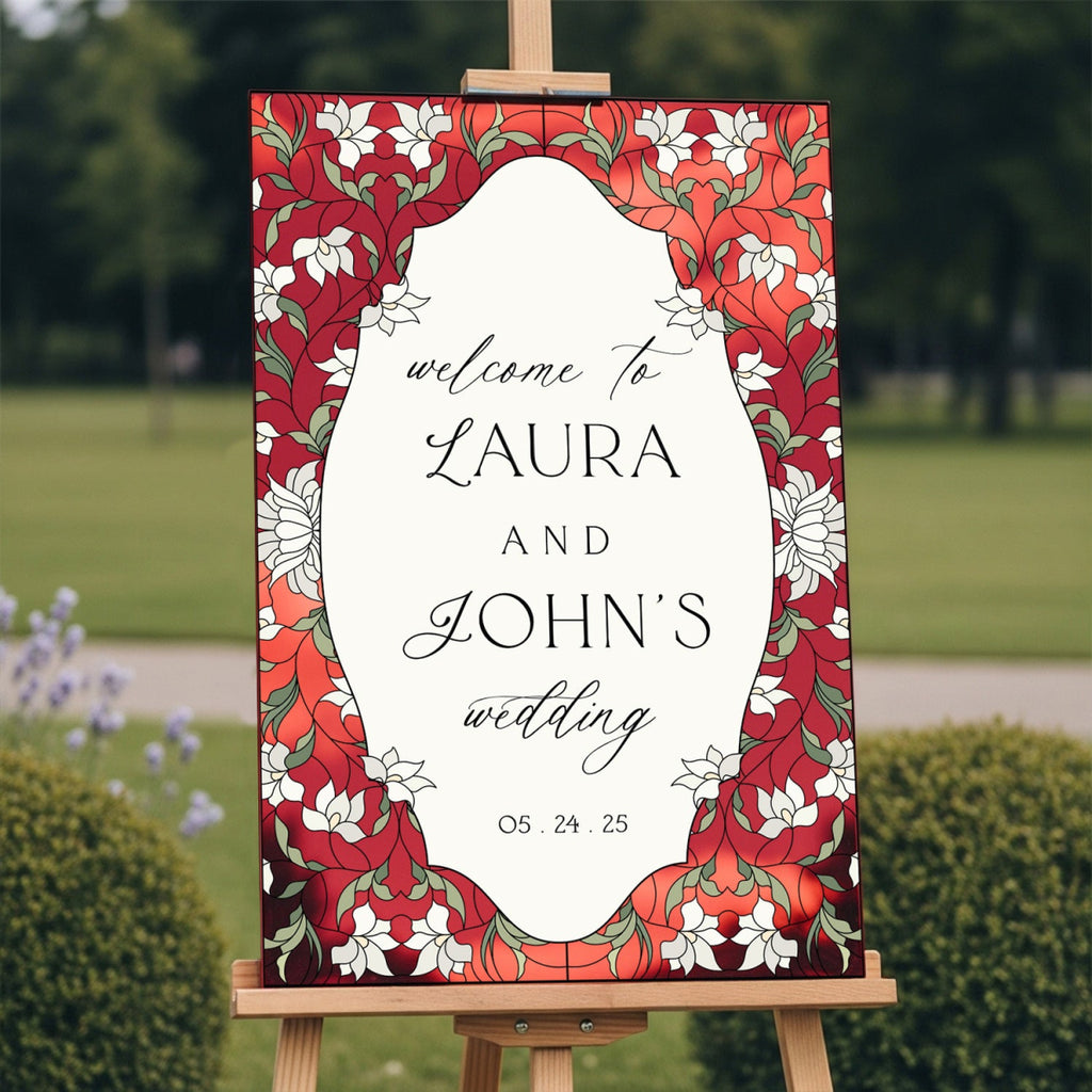 Stained Glass Wedding Sign, Cream Floral Wedding Welcome Sign - SpeedyOrders