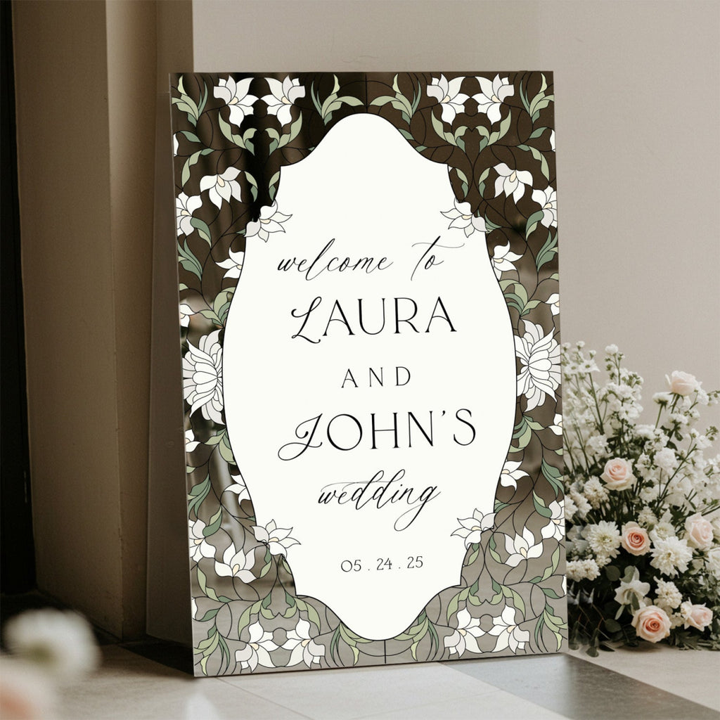 Stained Glass Wedding Sign, Cream Floral Wedding Welcome Sign - SpeedyOrders