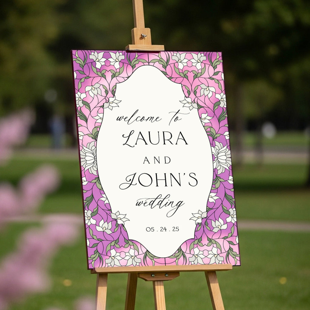 Stained Glass Wedding Sign, Cream Floral Wedding Welcome Sign - SpeedyOrders