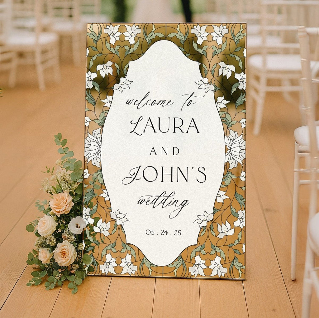 Stained Glass Wedding Sign, Cream Floral Wedding Welcome Sign - SpeedyOrders
