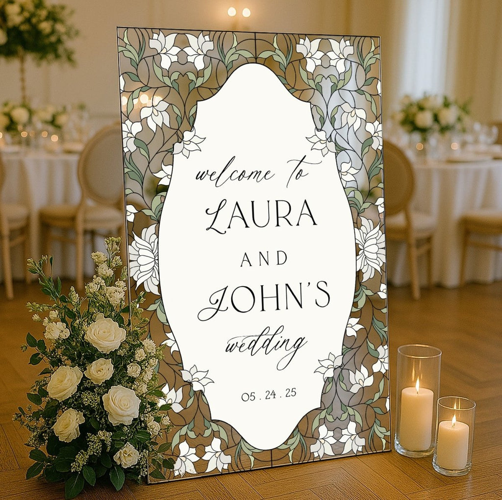 Stained Glass Wedding Sign, Cream Floral Wedding Welcome Sign - SpeedyOrders