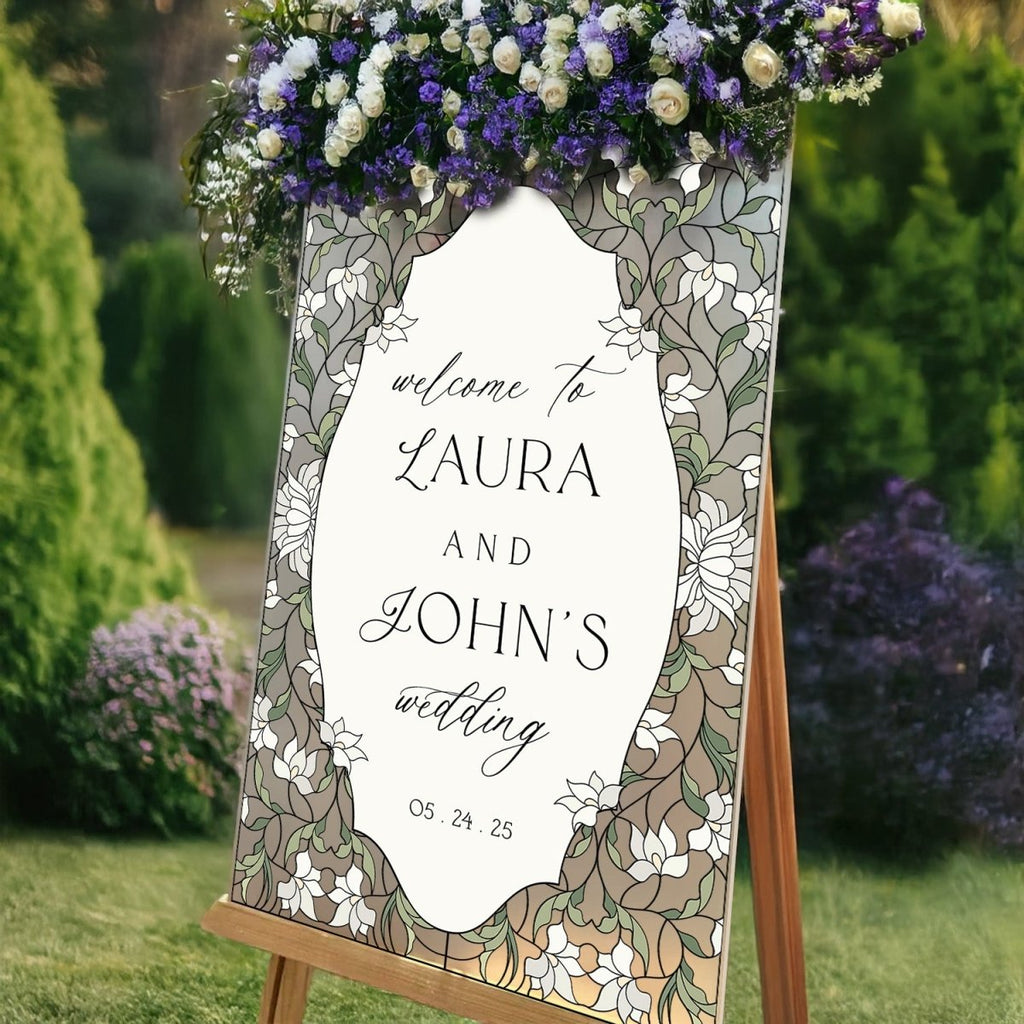 Stained Glass Wedding Sign, Cream Floral Wedding Welcome Sign - SpeedyOrders