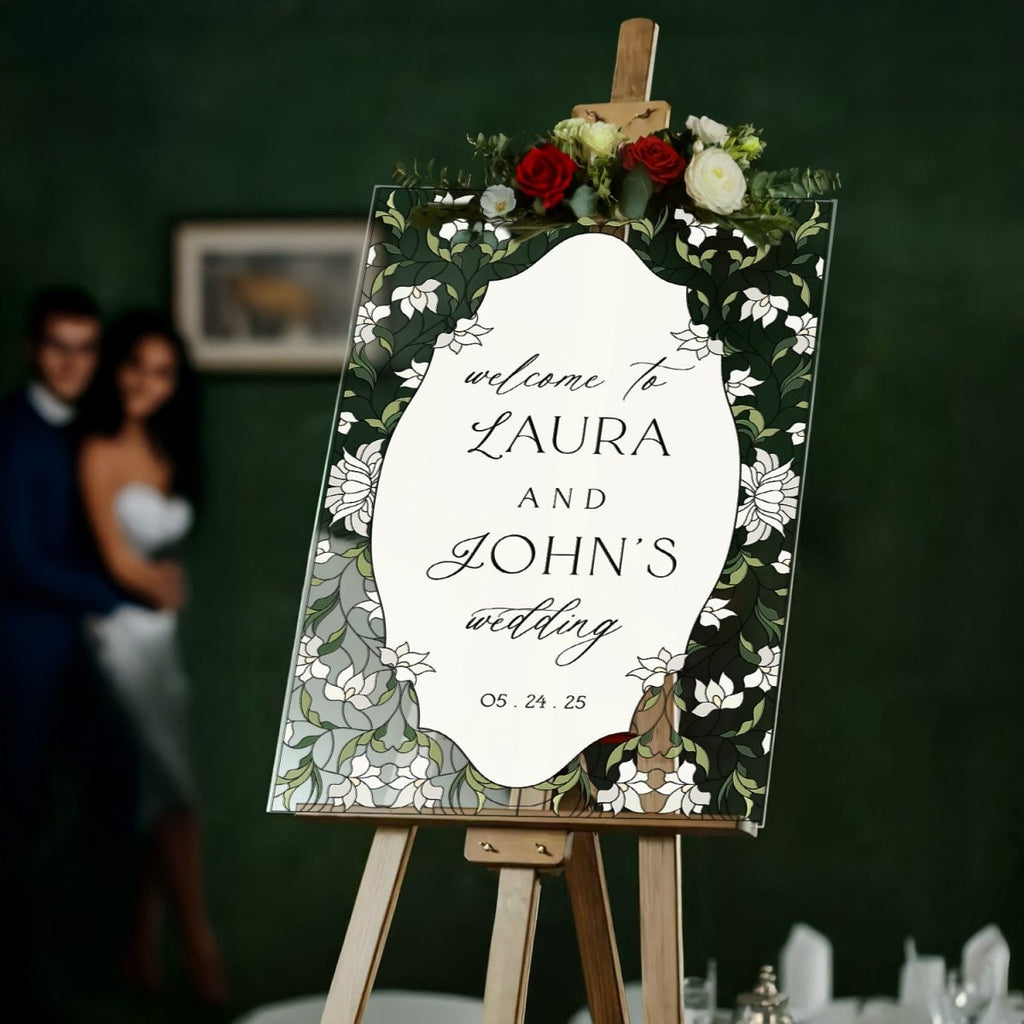 Stained Glass Wedding Sign, Cream Floral Wedding Welcome Sign - SpeedyOrders