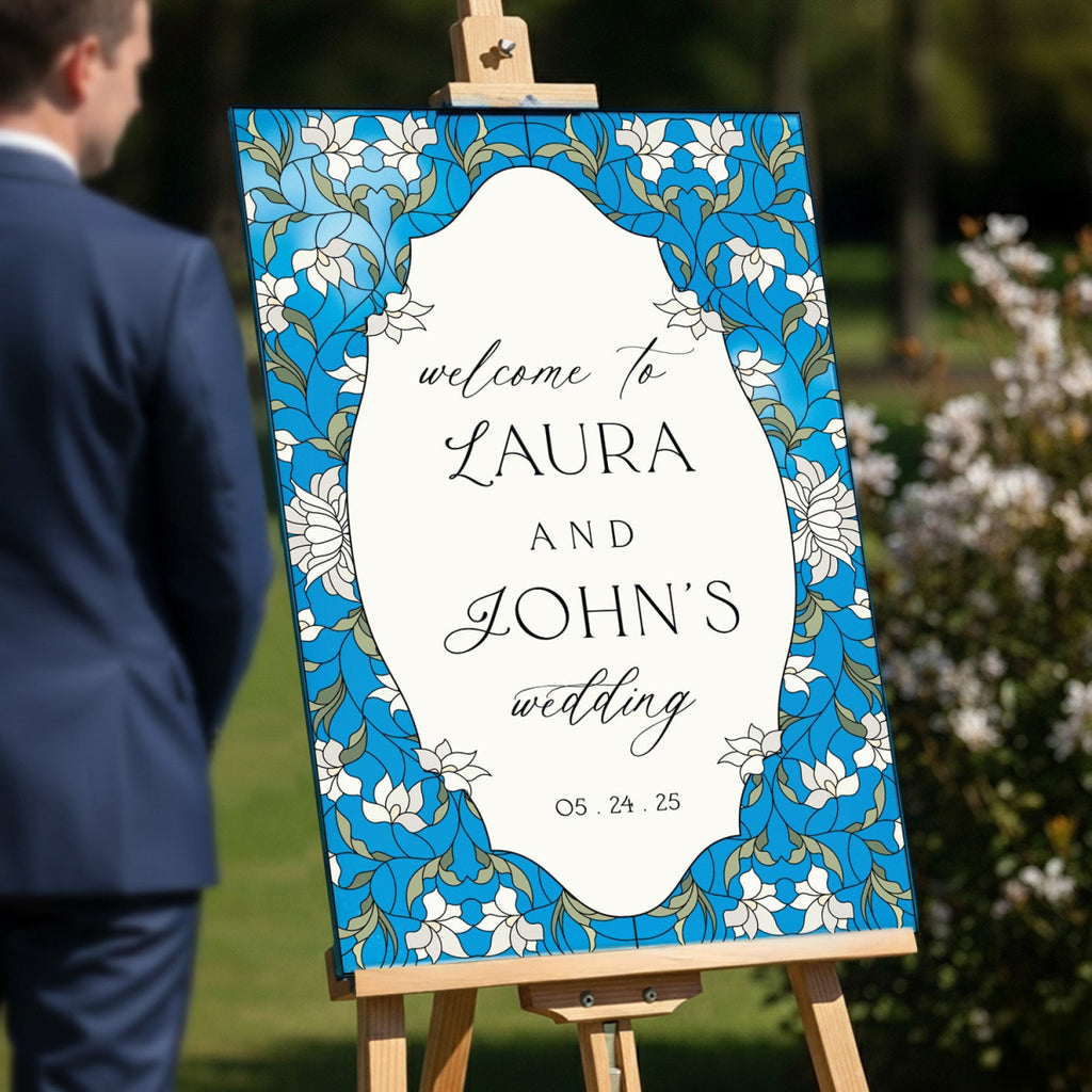 Stained Glass Wedding Sign, Cream Floral Wedding Welcome Sign - SpeedyOrders