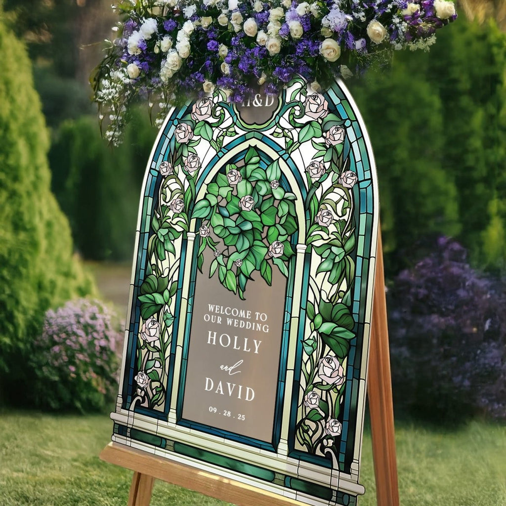Stained Glass Wedding Sign, Custom Acrylic Green Wedding Welcome Sign - SpeedyOrders