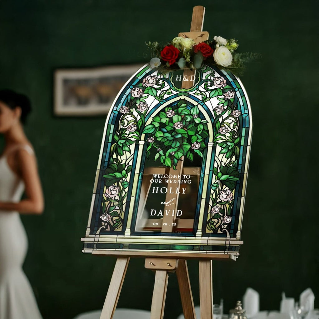 Stained Glass Wedding Sign, Custom Acrylic Green Wedding Welcome Sign - SpeedyOrders