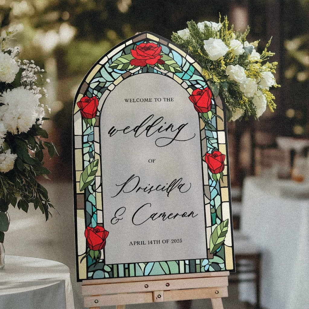 Stained Glass Wedding Sign, Custom Acrylic Red Roses Wedding Welcome Signs - SpeedyOrders