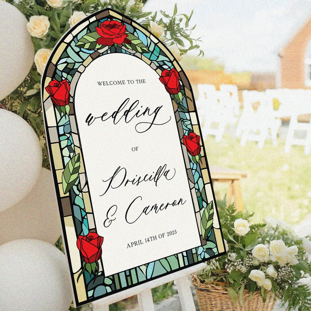 Stained Glass Wedding Sign, Custom Acrylic Red Roses Wedding Welcome Signs - SpeedyOrders