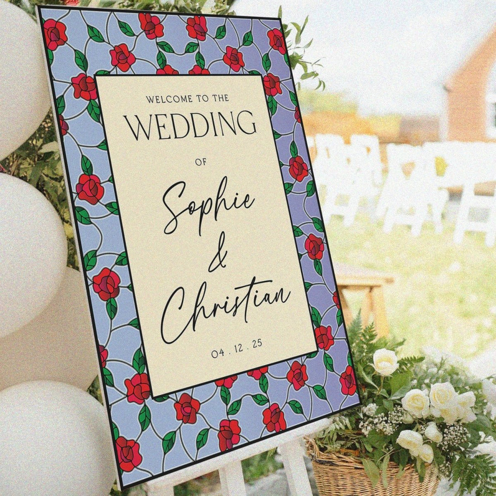 Stained Glass Wedding Sign, Custom Acrylic Red Roses Wedding Welcome Signs - SpeedyOrders