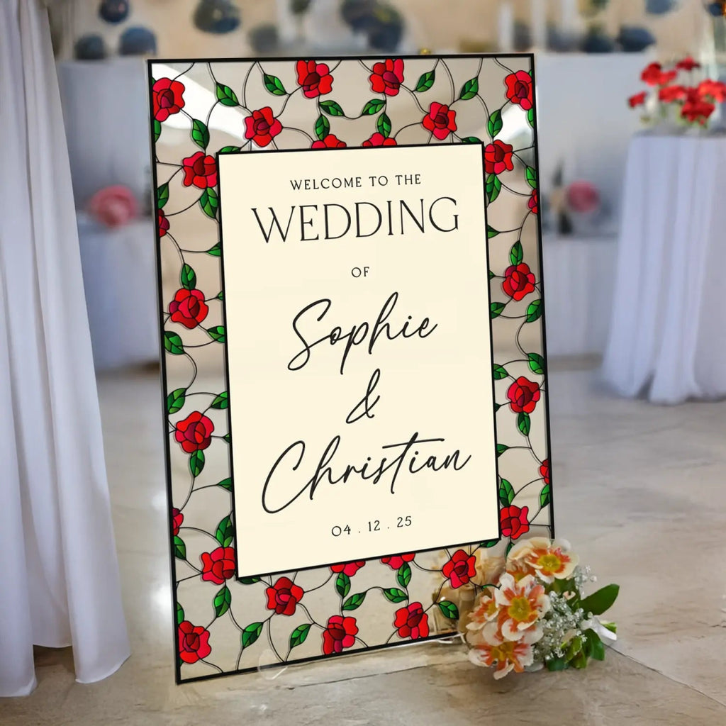 Stained Glass Wedding Sign, Custom Acrylic Red Roses Wedding Welcome Signs - SpeedyOrders