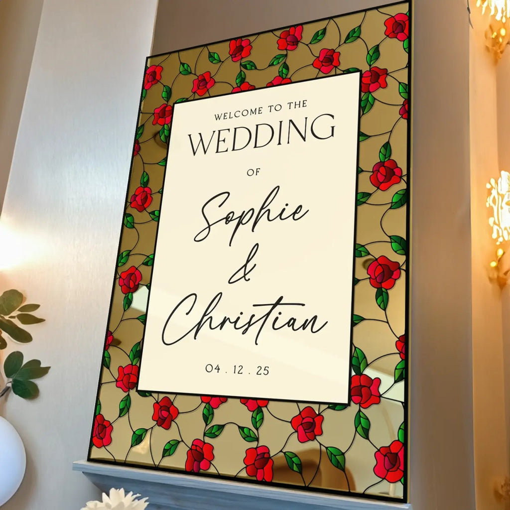 Stained Glass Wedding Sign, Custom Acrylic Red Roses Wedding Welcome Signs - SpeedyOrders