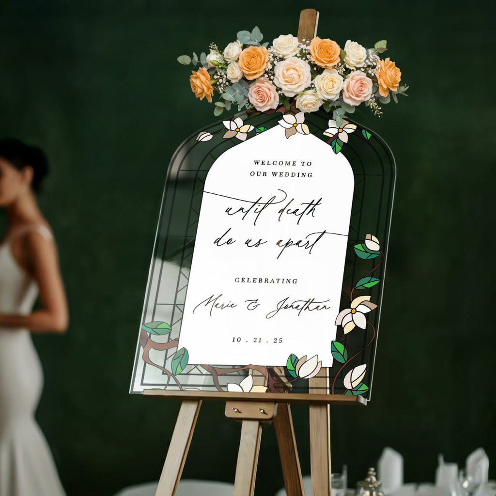 Stained Glass Wedding Sign, Floral Welcome Sign with Stain Glass Style - SpeedyOrders