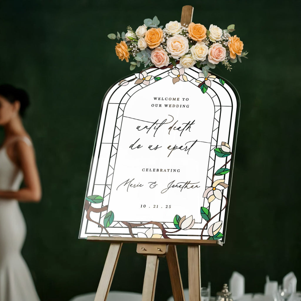 Stained Glass Wedding Sign, Floral Welcome Sign with Stain Glass Style - SpeedyOrders