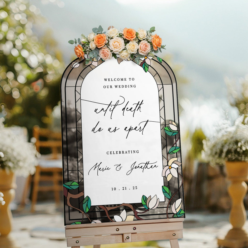 Stained Glass Wedding Sign, Floral Welcome Sign with Stain Glass Style - SpeedyOrders