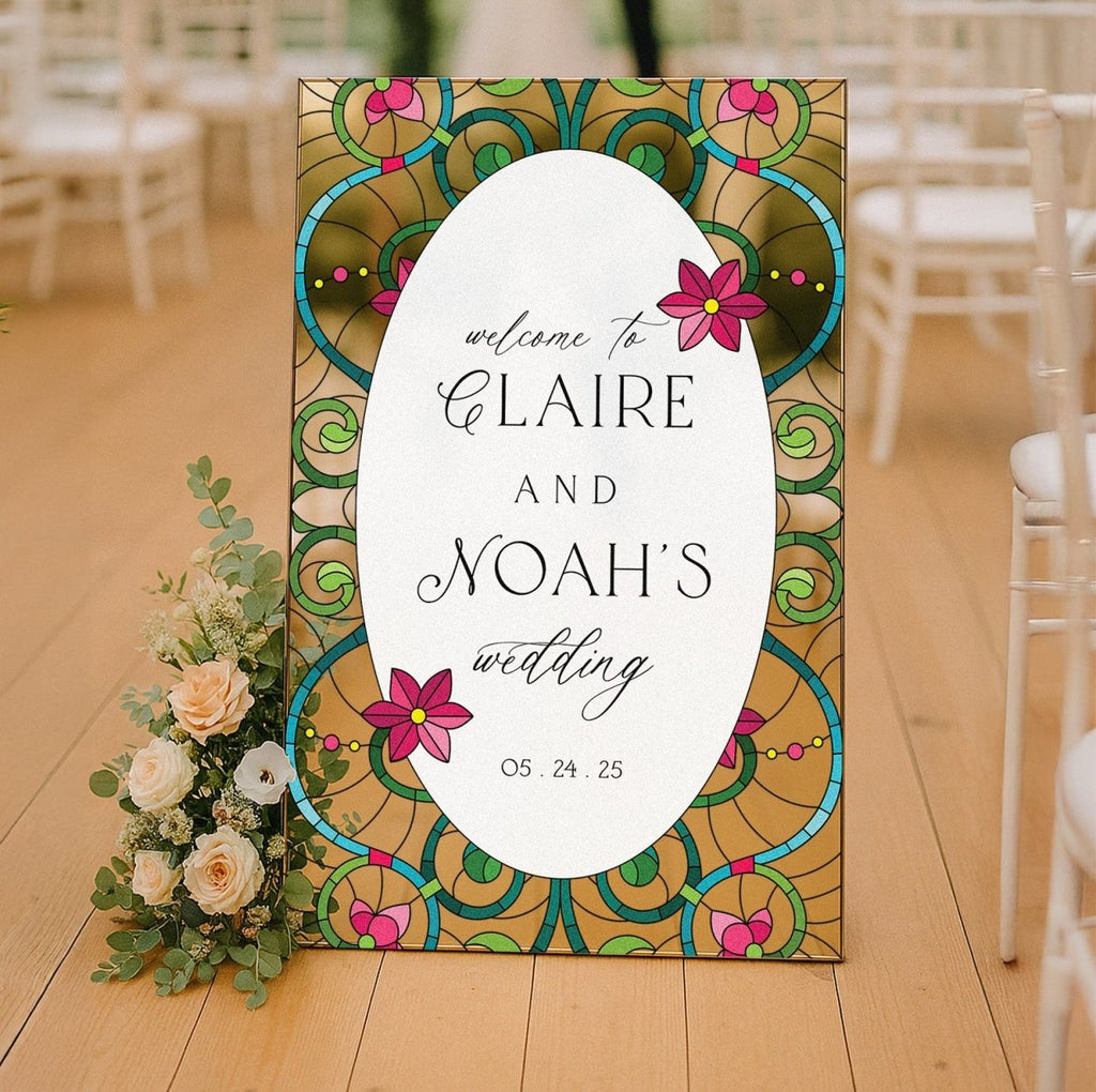 Stained Glass Wedding Sign, Gold Mirror Wedding Welcome Sign - SpeedyOrders