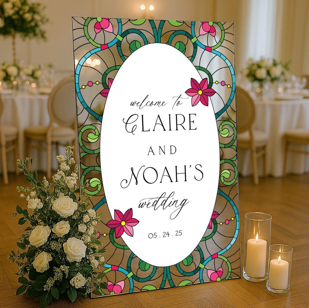 Stained Glass Wedding Sign, Gold Mirror Wedding Welcome Sign - SpeedyOrders