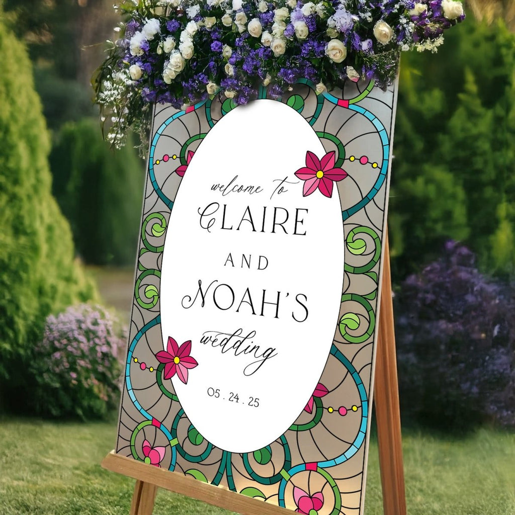 Stained Glass Wedding Sign, Gold Mirror Wedding Welcome Sign - SpeedyOrders