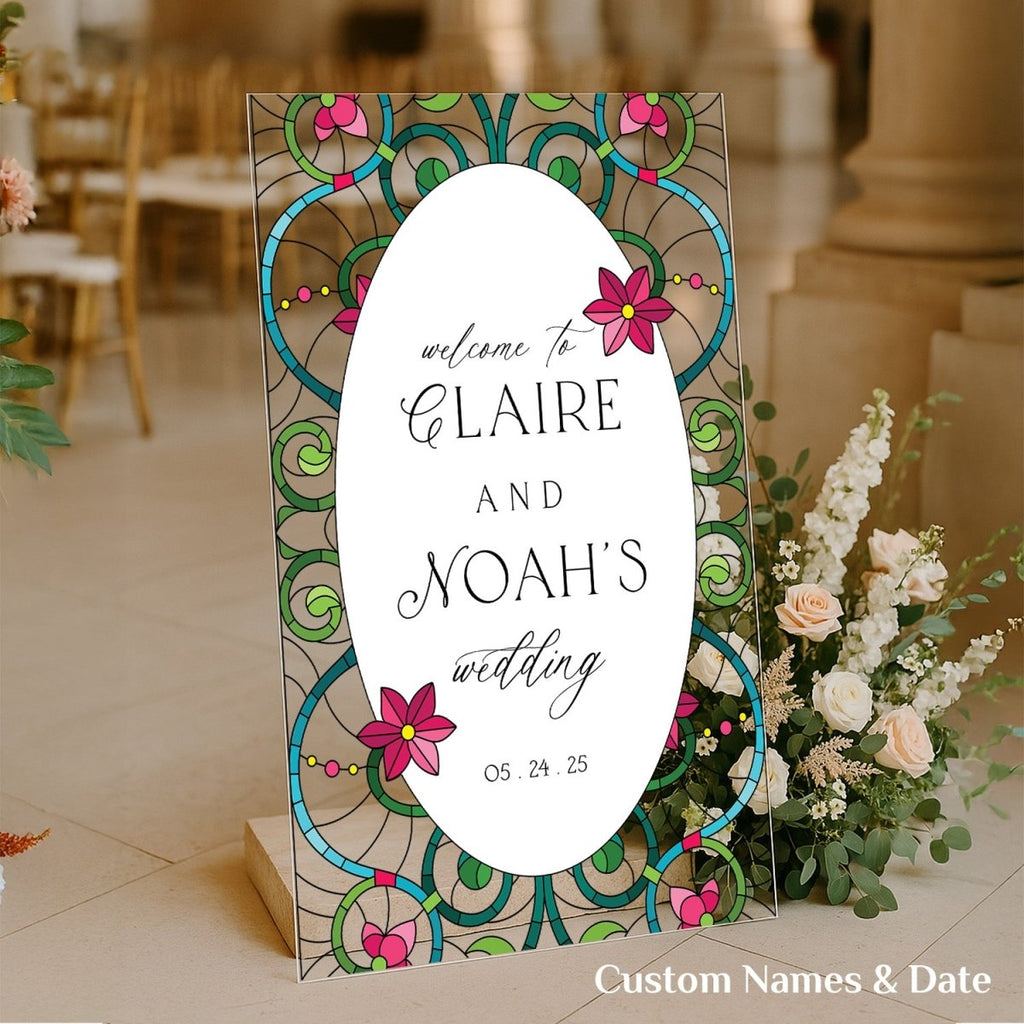 Stained Glass Wedding Sign, Gold Mirror Wedding Welcome Sign - SpeedyOrders
