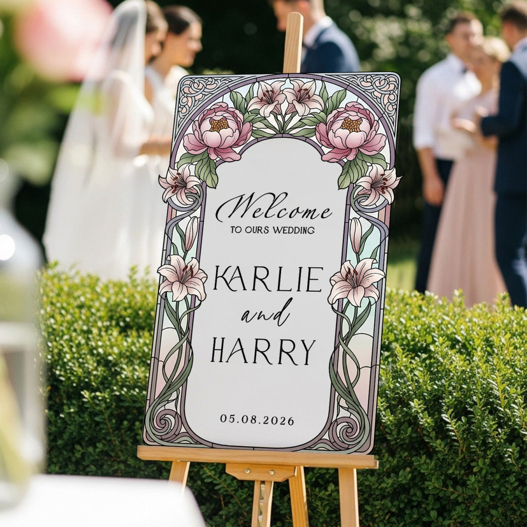 Stained Glass Wedding Sign, Pink Floral Mirror Wedding Welcome Sign - SpeedyOrders