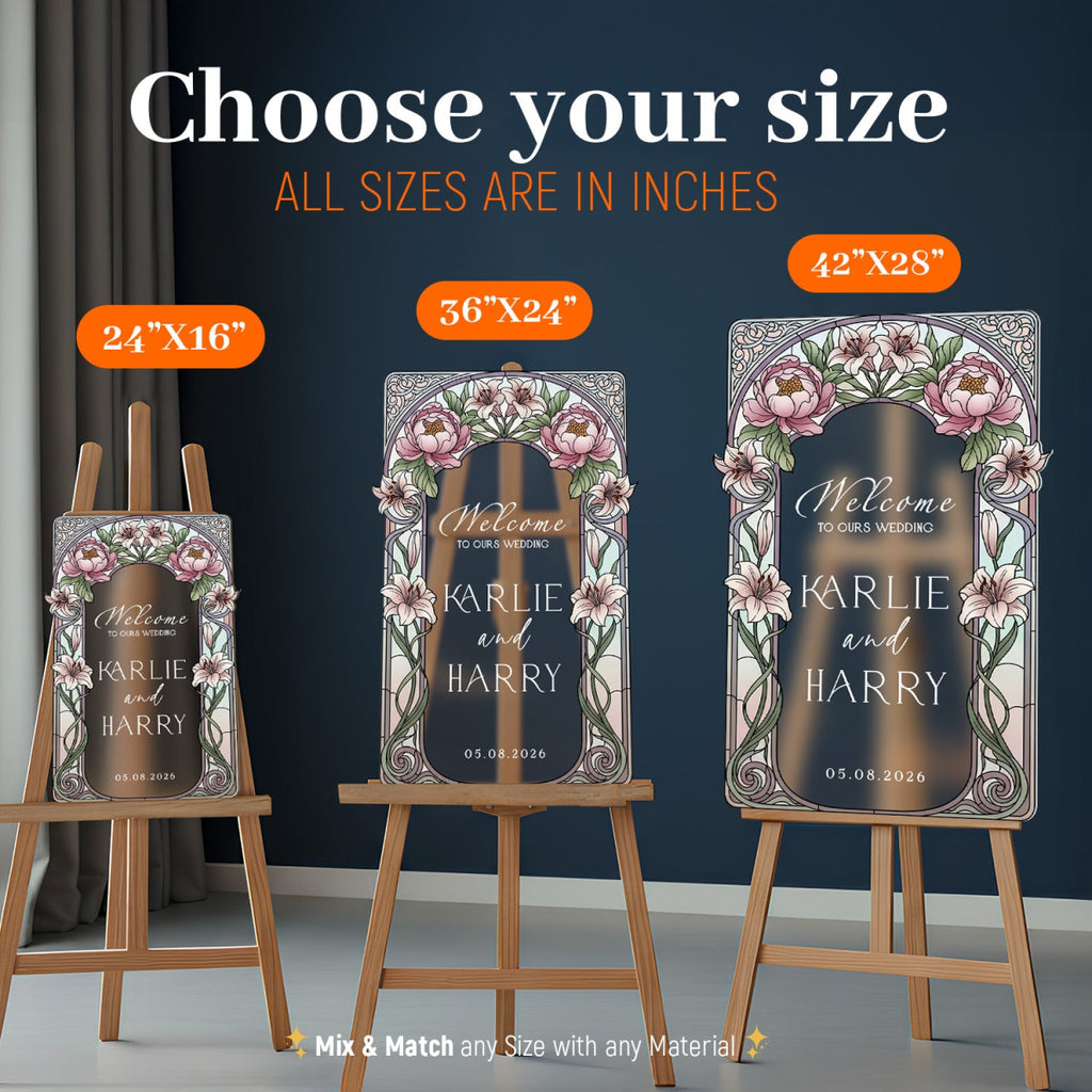 Stained Glass Wedding Sign, Pink Floral Mirror Wedding Welcome Sign - SpeedyOrders