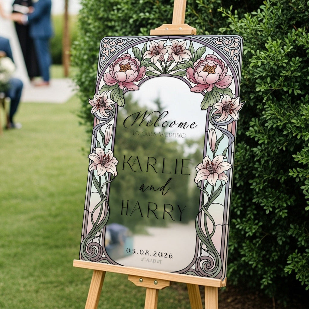 Stained Glass Wedding Sign, Pink Floral Mirror Wedding Welcome Sign - SpeedyOrders