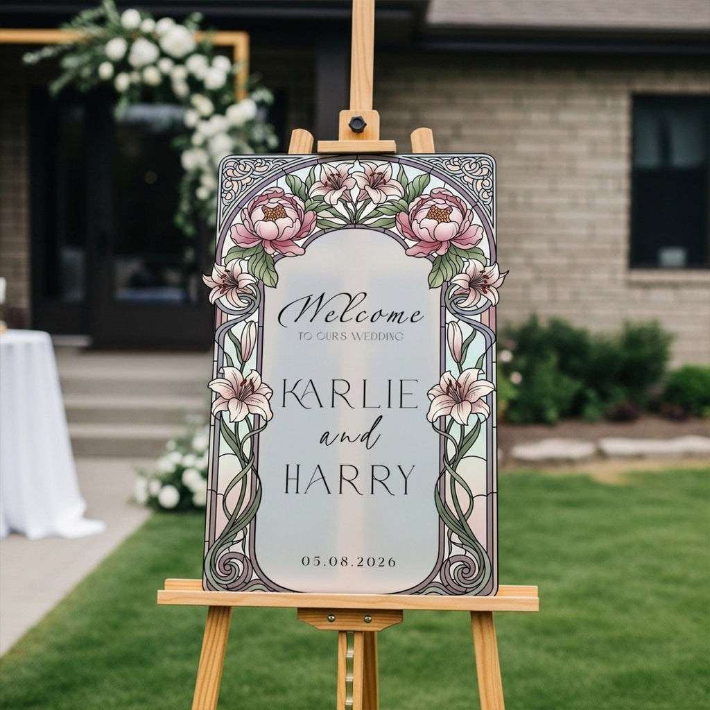 Stained Glass Wedding Sign, Pink Floral Mirror Wedding Welcome Sign - SpeedyOrders