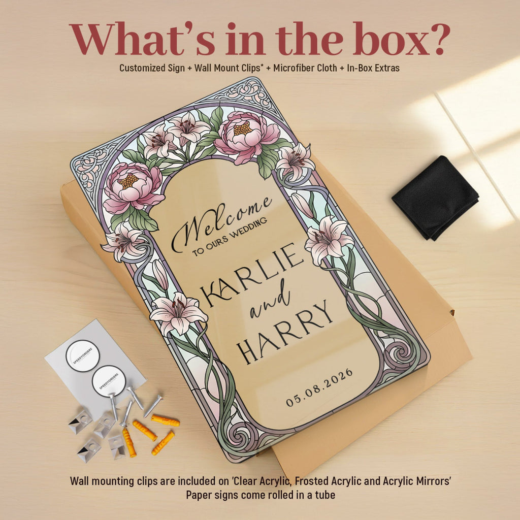 Stained Glass Wedding Sign, Pink Floral Mirror Wedding Welcome Sign - SpeedyOrders