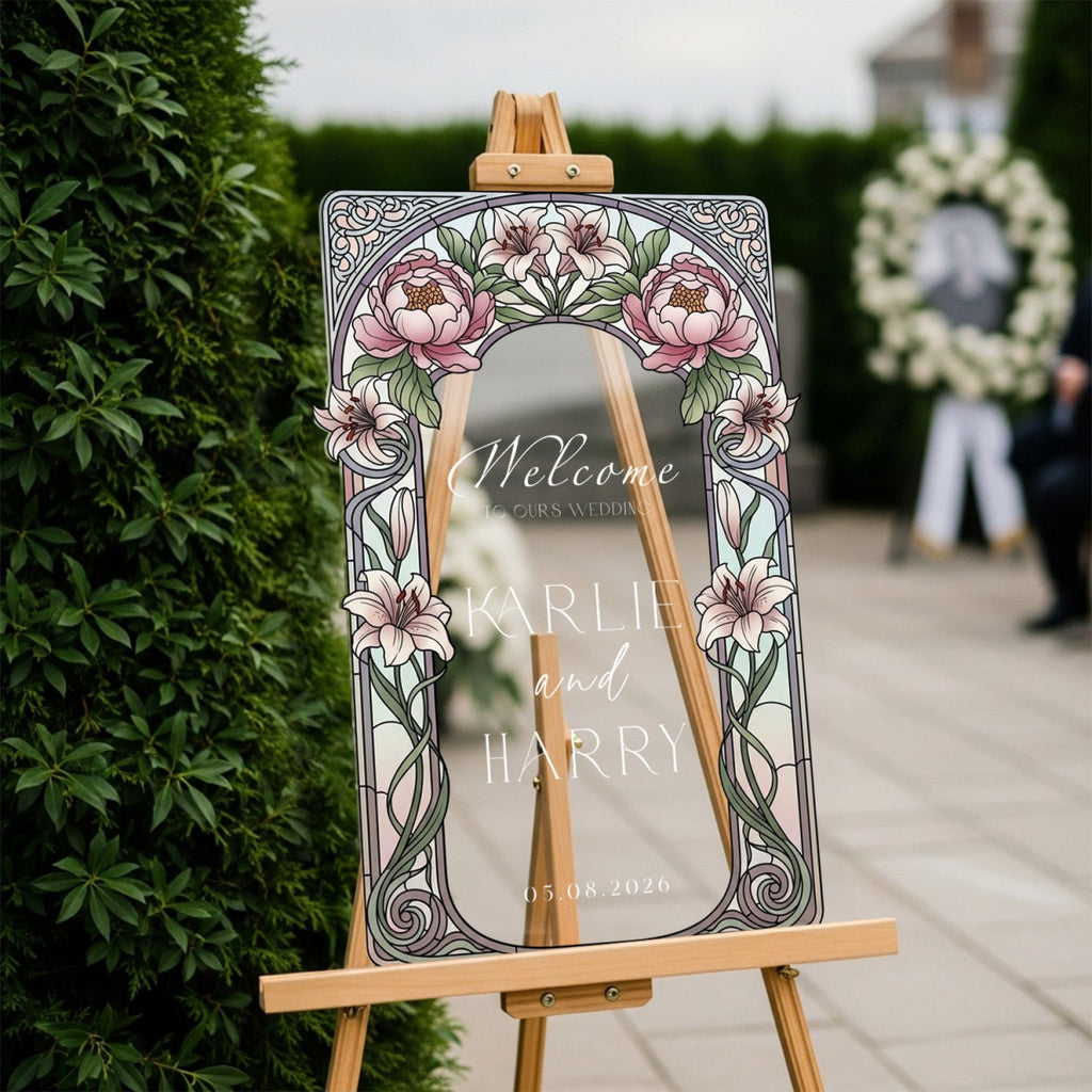 Stained Glass Wedding Sign, Pink Floral Mirror Wedding Welcome Sign - SpeedyOrders