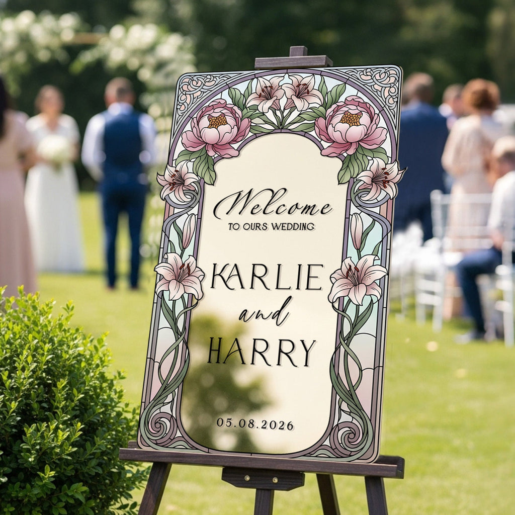 Stained Glass Wedding Sign, Pink Floral Mirror Wedding Welcome Sign - SpeedyOrders