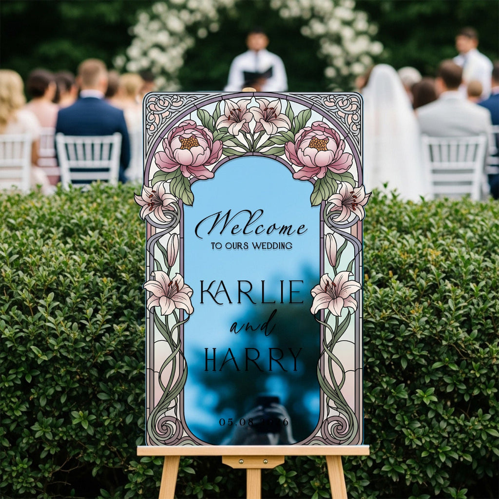 Stained Glass Wedding Sign, Pink Floral Mirror Wedding Welcome Sign - SpeedyOrders