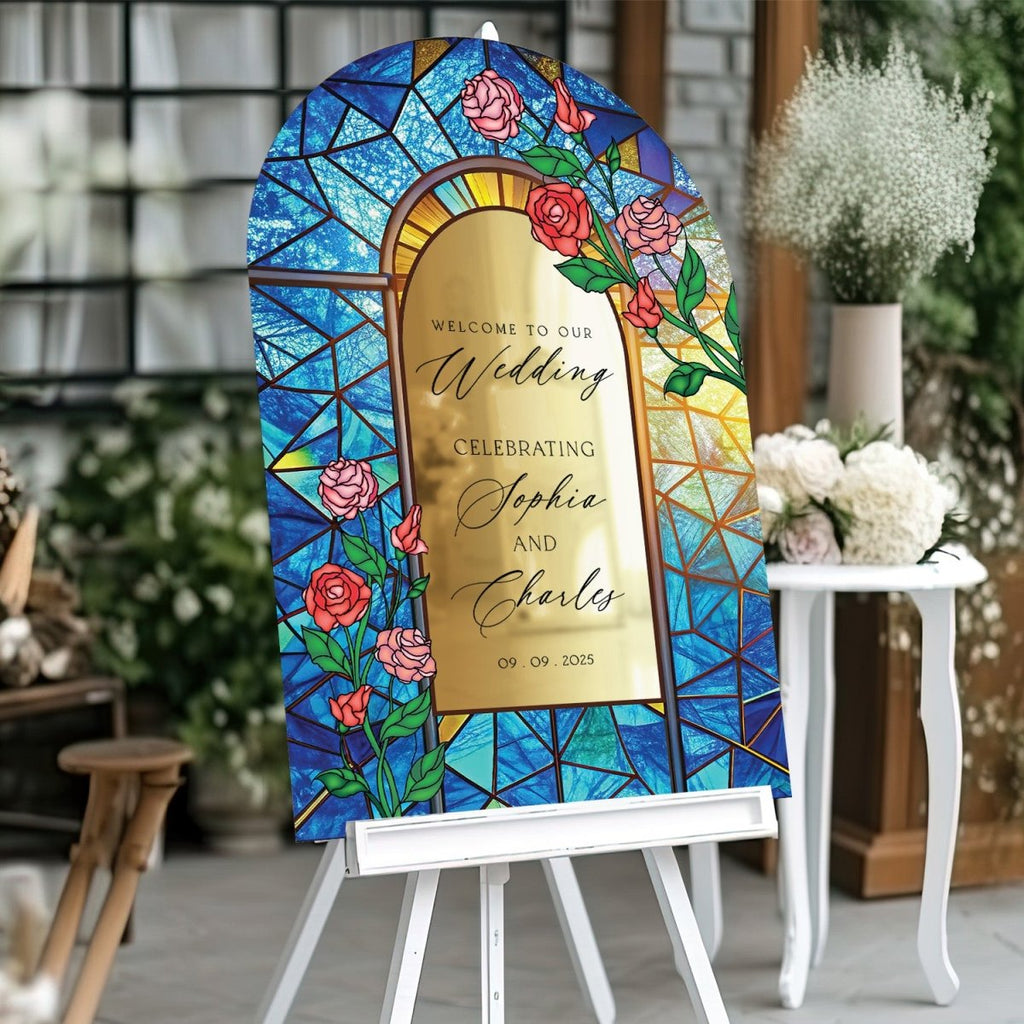 Stained Glass Wedding Sign, Red Roses Wedding Welcome Sign - SpeedyOrders