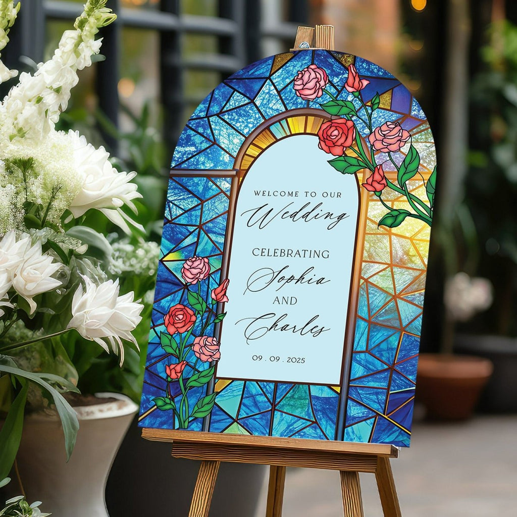 Stained Glass Wedding Sign, Red Roses Wedding Welcome Sign - SpeedyOrders