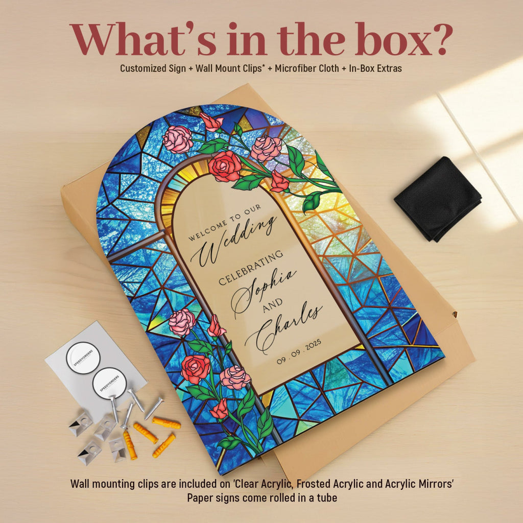 Stained Glass Wedding Sign, Red Roses Wedding Welcome Sign - SpeedyOrders