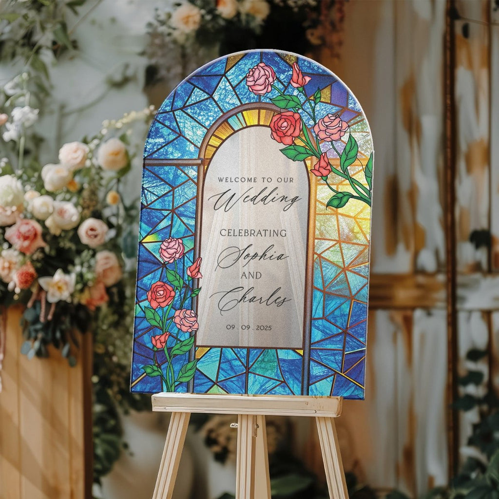 Stained Glass Wedding Sign, Red Roses Wedding Welcome Sign - SpeedyOrders