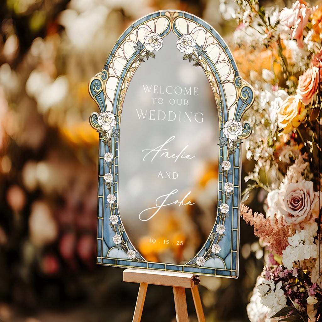 Stained Glass Wedding Sign, Roses Mirror Wedding Welcome Sign - SpeedyOrders