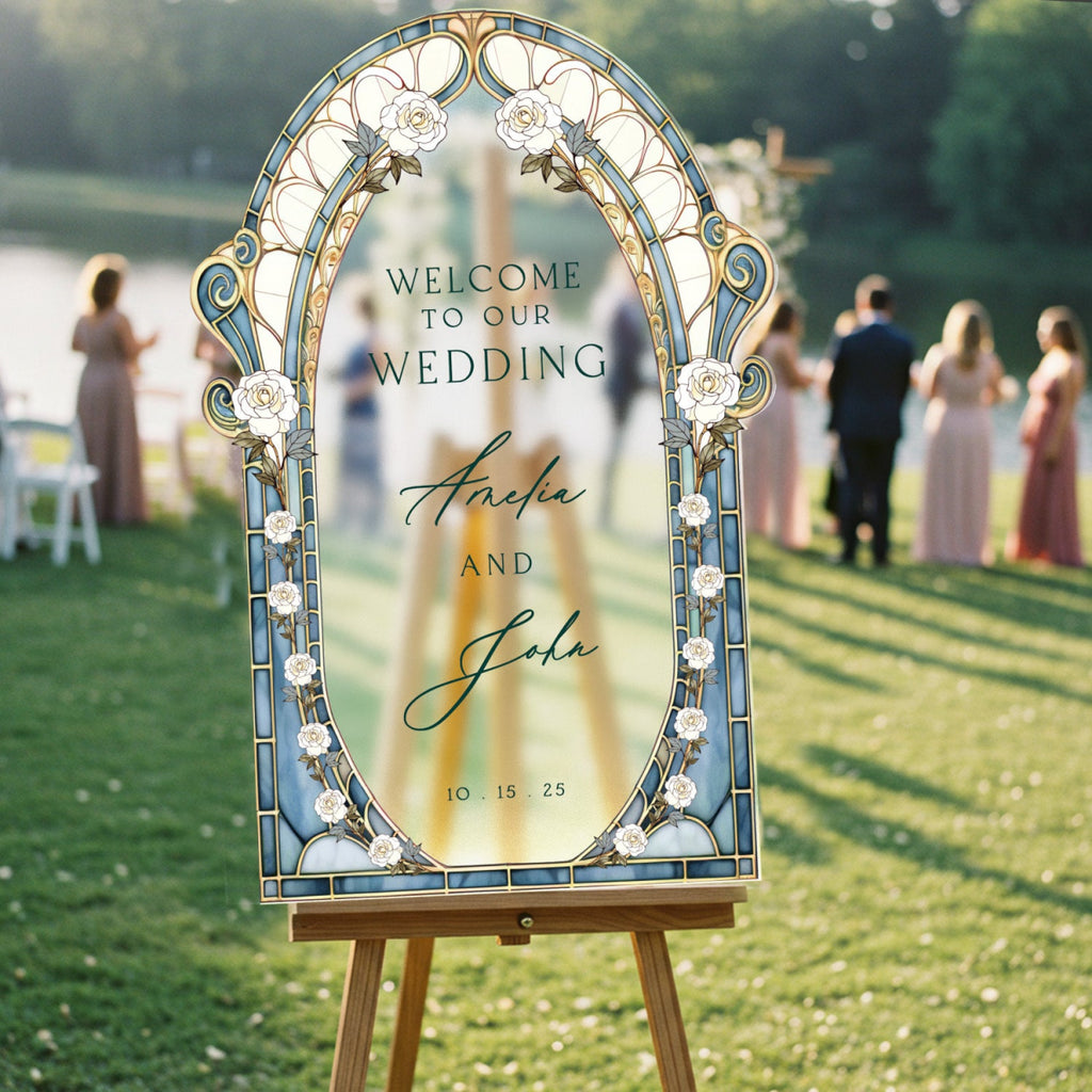 Stained Glass Wedding Sign, Roses Mirror Wedding Welcome Sign - SpeedyOrders