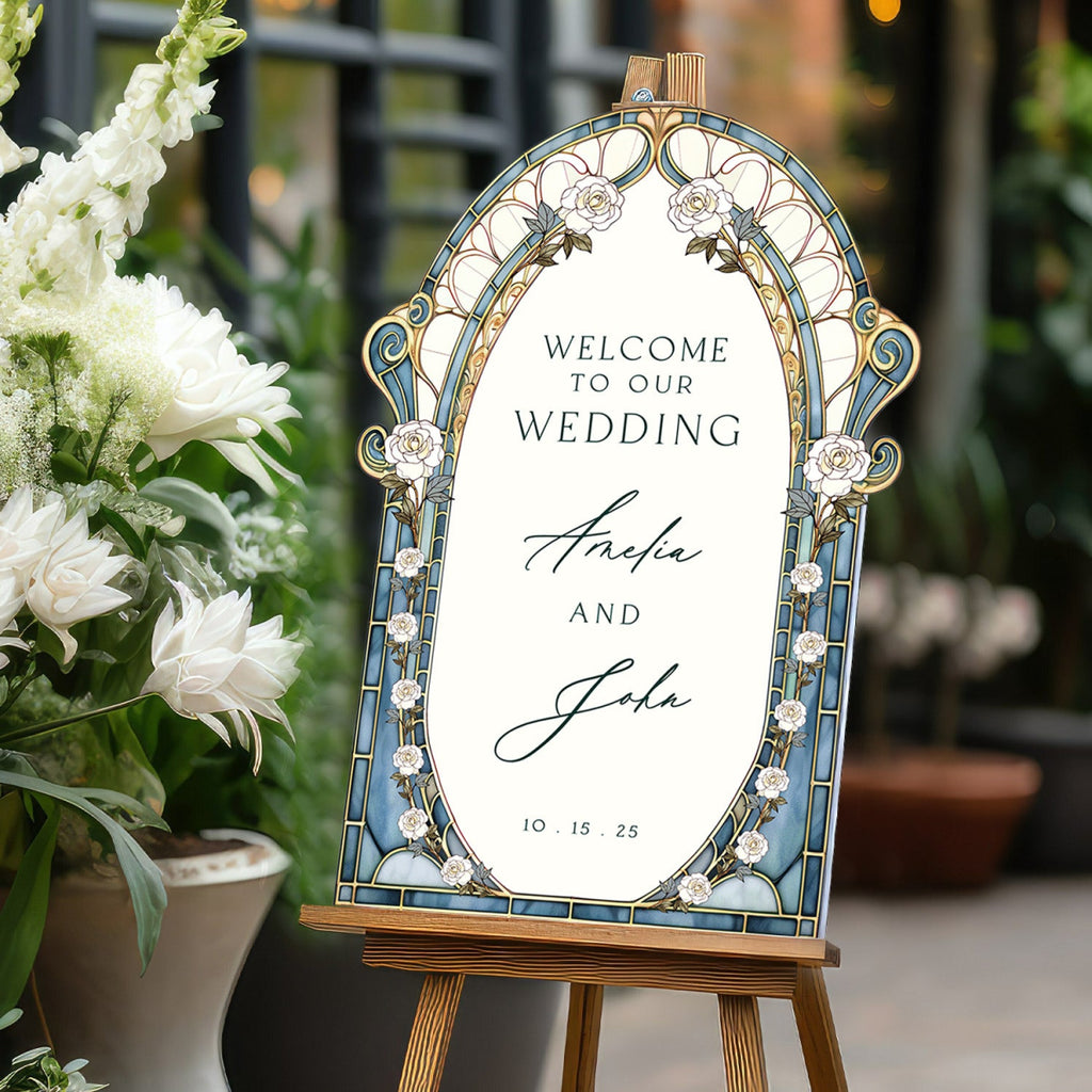 Stained Glass Wedding Sign, Roses Mirror Wedding Welcome Sign - SpeedyOrders