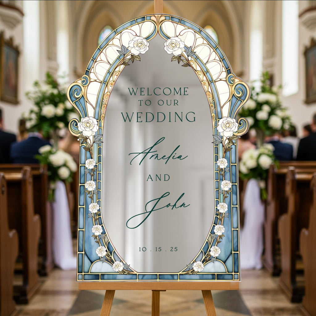 Stained Glass Wedding Sign, Roses Mirror Wedding Welcome Sign - SpeedyOrders