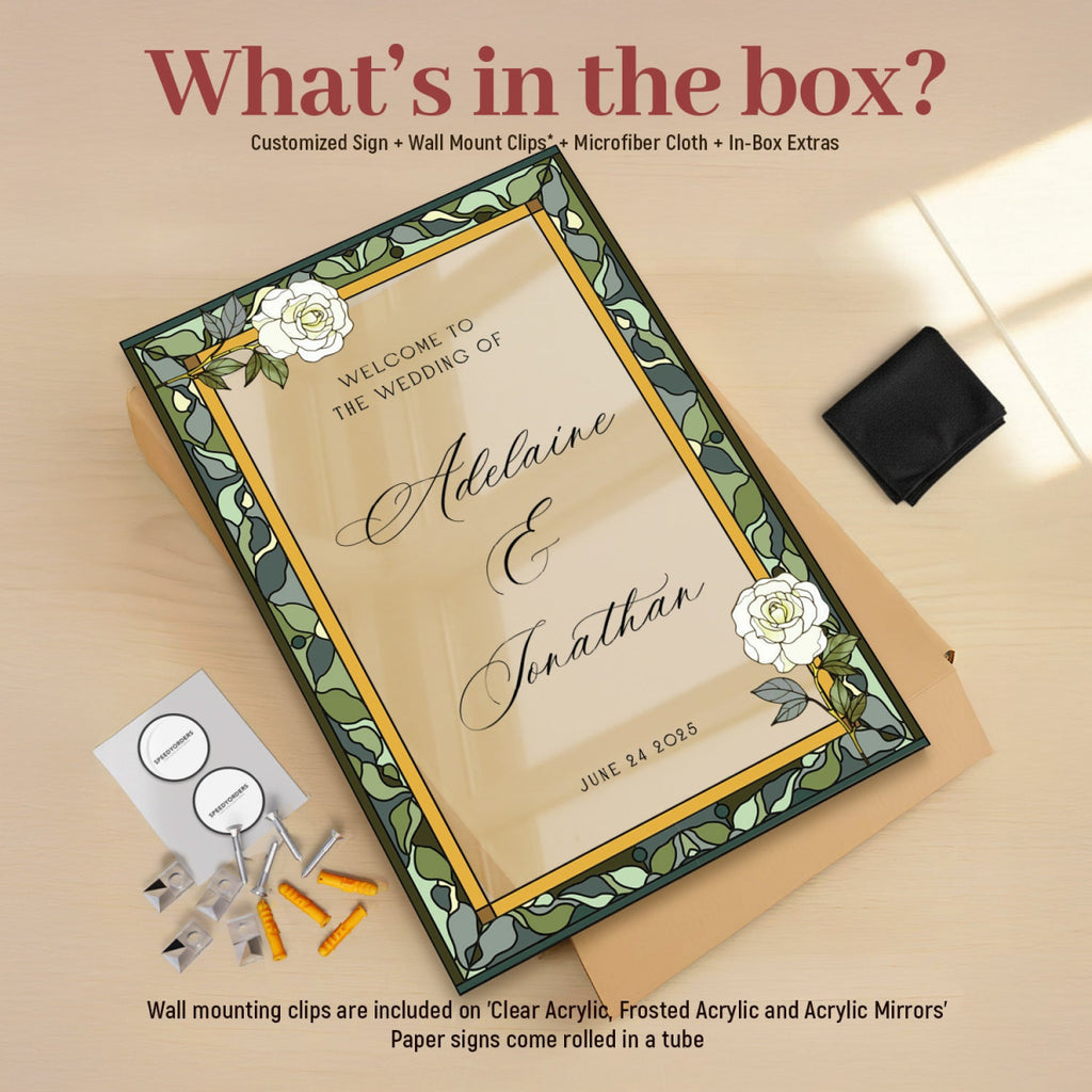 Stained Glass Wedding Sign, White Roses Acrylic Wedding Welcome Sign - SpeedyOrders