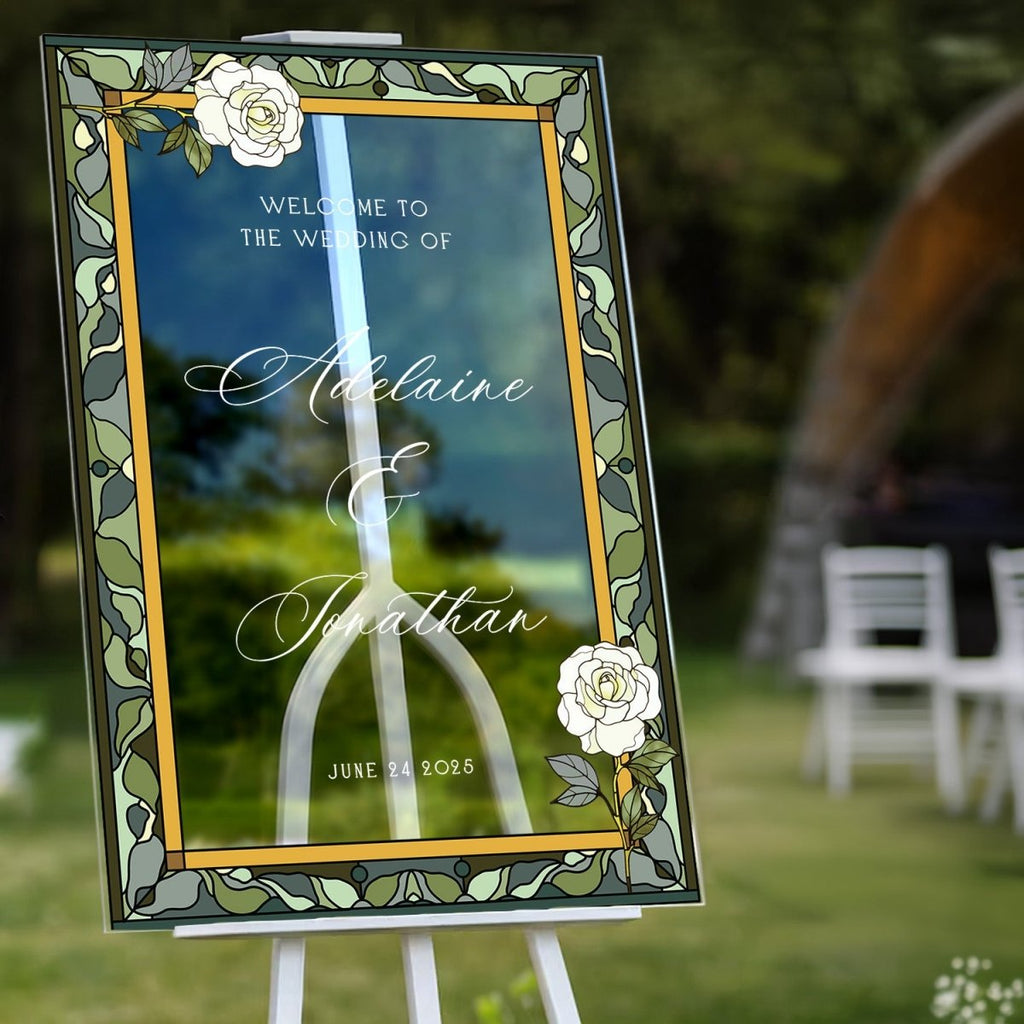 Stained Glass Wedding Sign, White Roses Acrylic Wedding Welcome Sign - SpeedyOrders