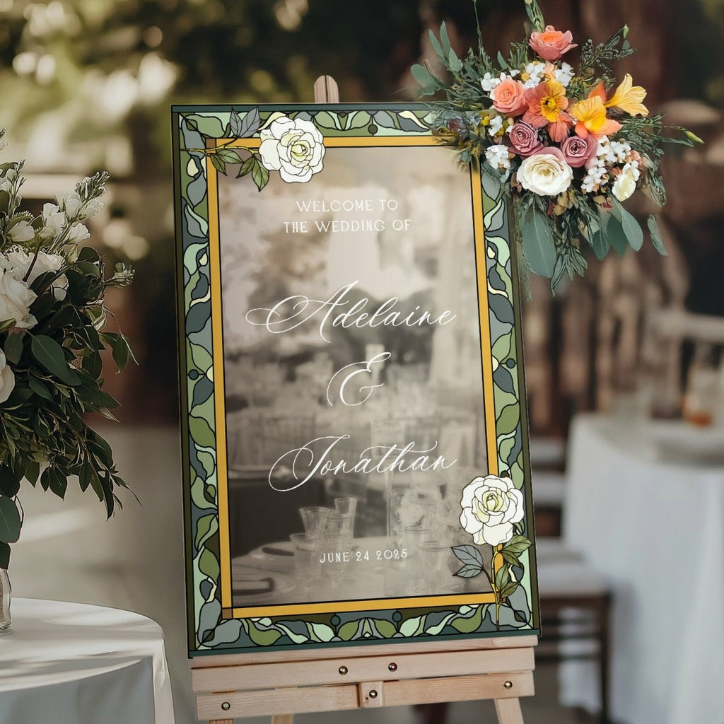 Stained Glass Wedding Sign, White Roses Acrylic Wedding Welcome Sign - SpeedyOrders