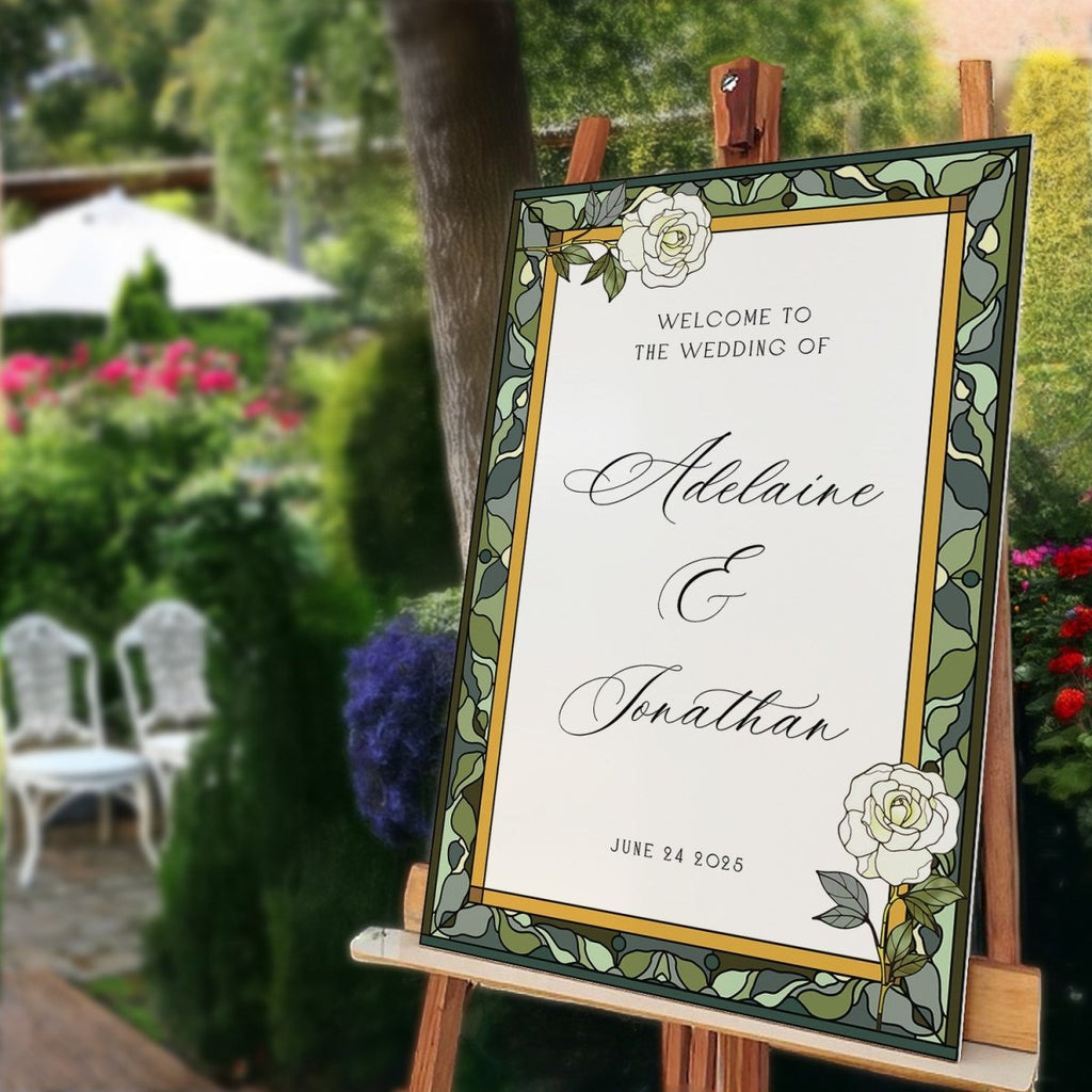 Stained Glass Wedding Sign, White Roses Acrylic Wedding Welcome Sign - SpeedyOrders