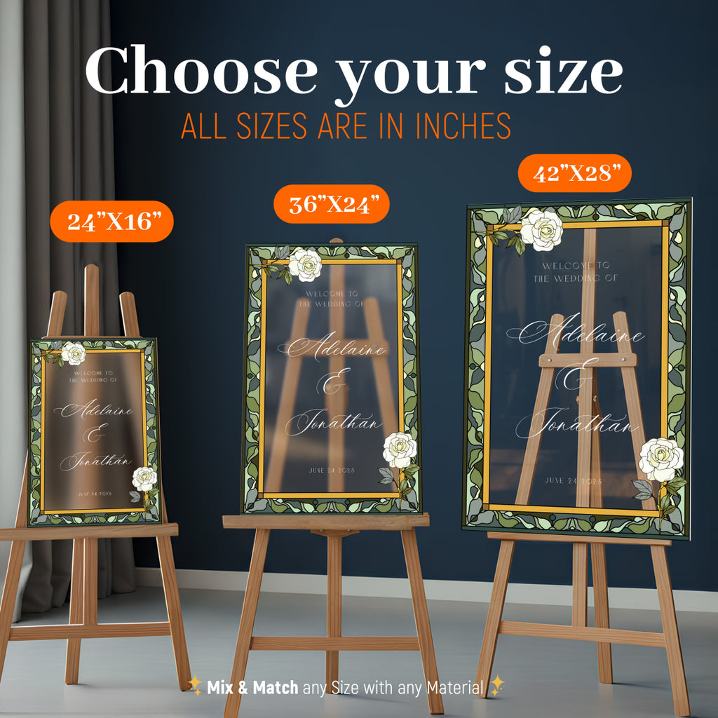 Stained Glass Wedding Sign, White Roses Acrylic Wedding Welcome Sign - SpeedyOrders