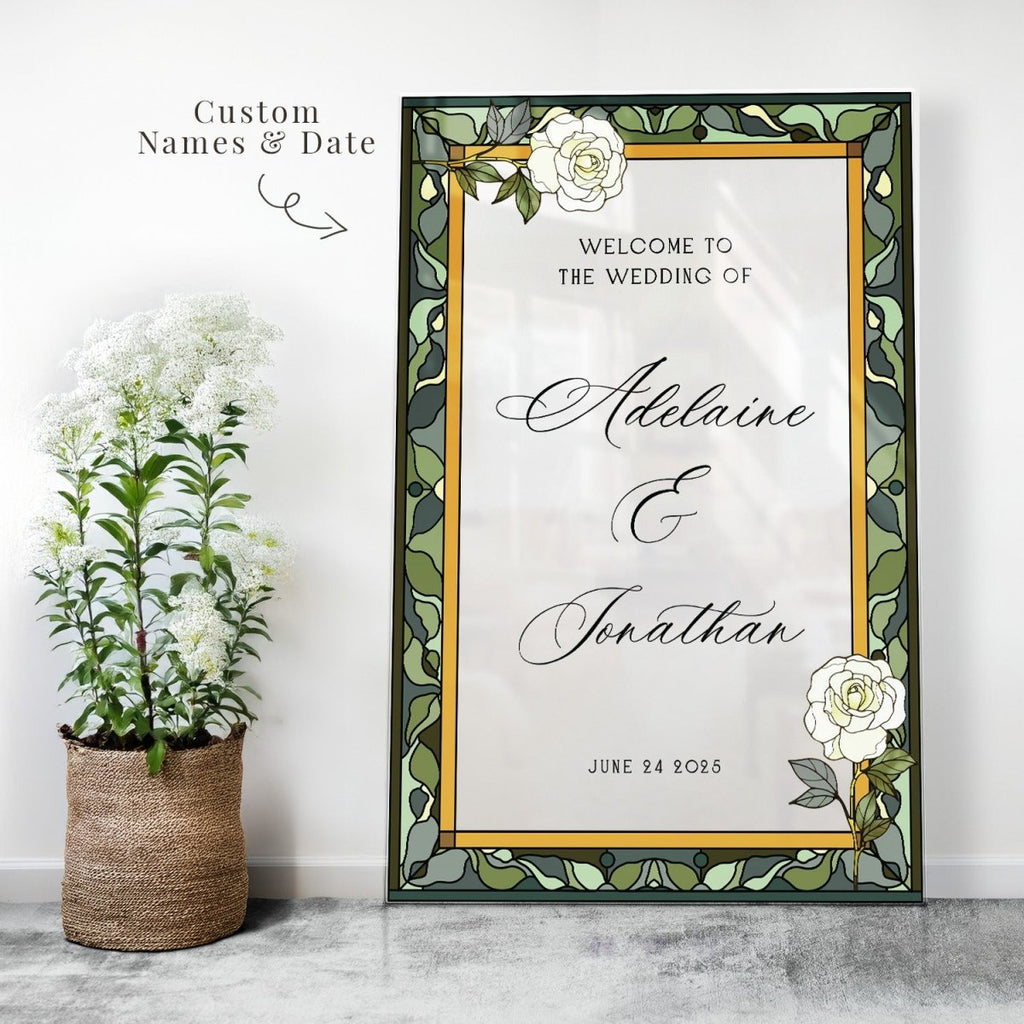 Stained Glass Wedding Sign, White Roses Acrylic Wedding Welcome Sign - SpeedyOrders