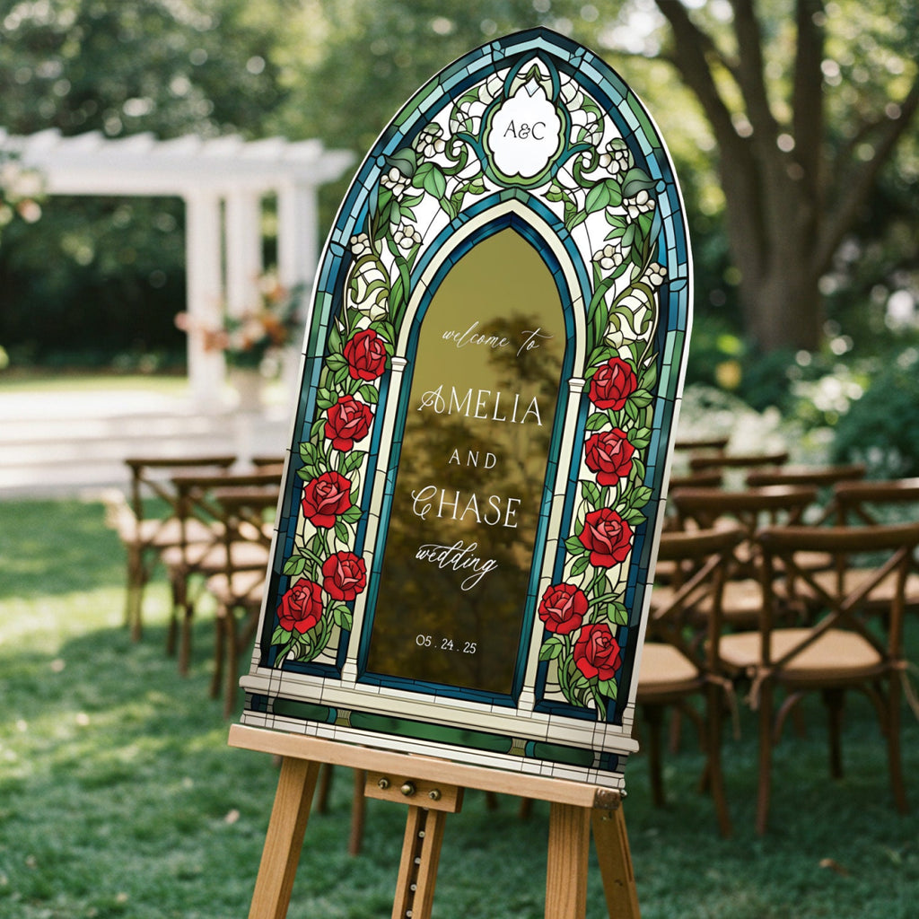 Stained Glass Wedding Welcome Sign, Red Roses Wedding Sign - SpeedyOrders