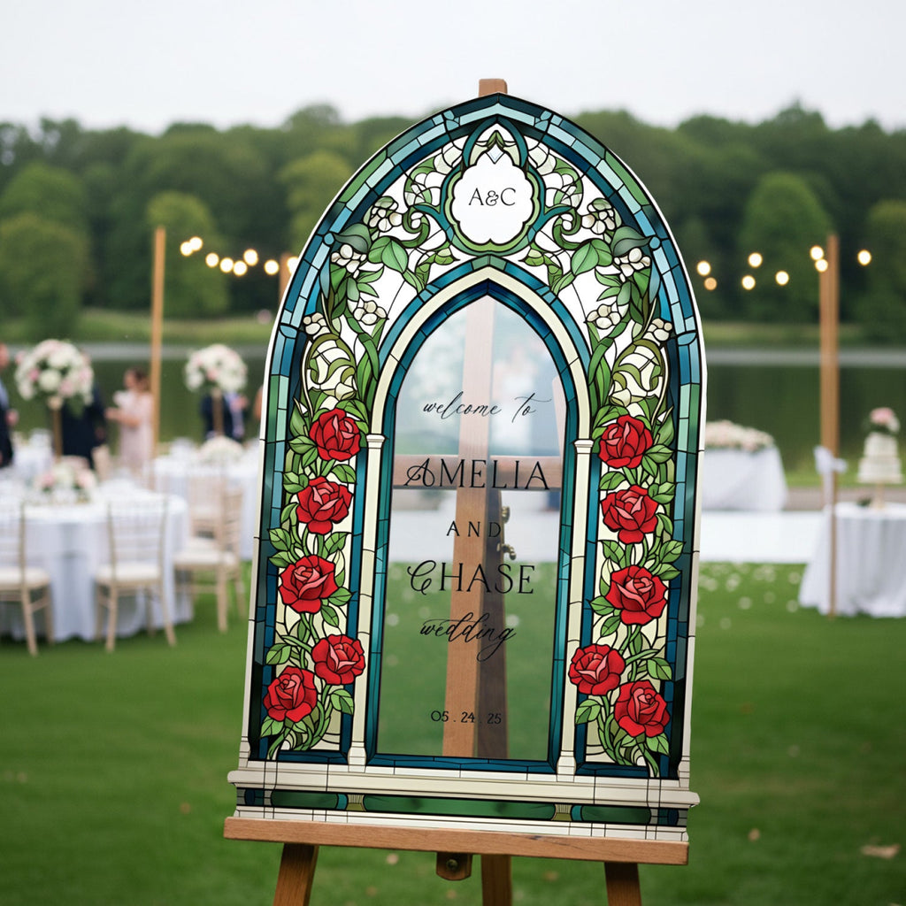 Stained Glass Wedding Welcome Sign, Red Roses Wedding Sign - SpeedyOrders