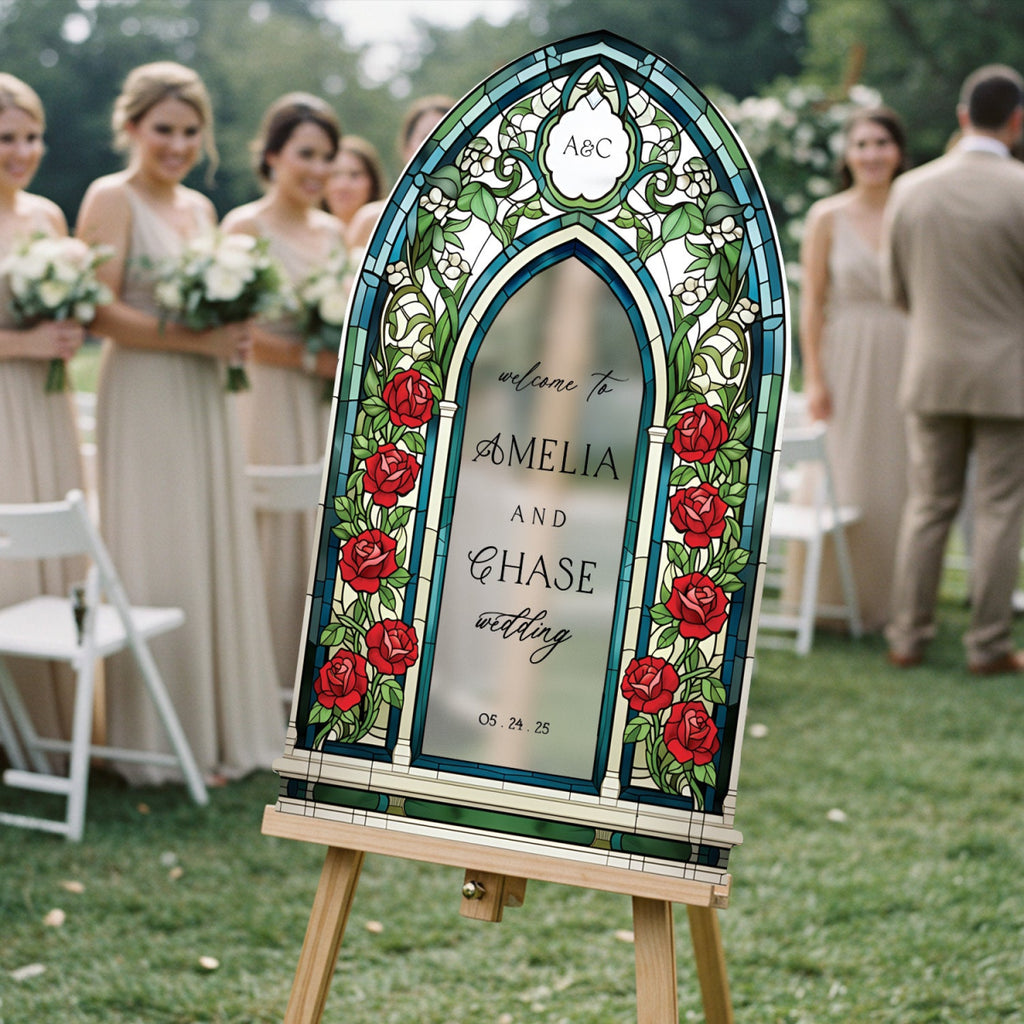 Stained Glass Wedding Welcome Sign, Red Roses Wedding Sign - SpeedyOrders