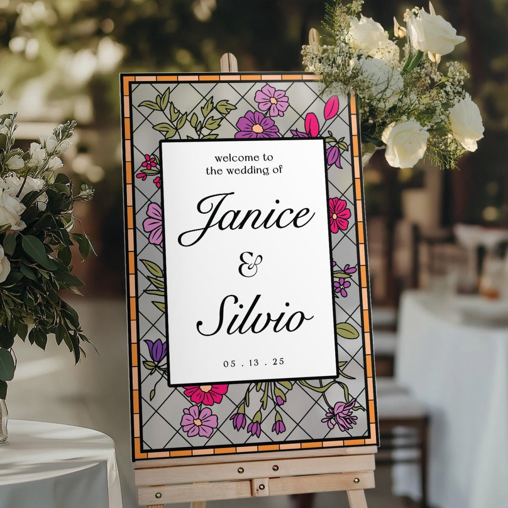 Stained Glass Wedding Welcome Sign, Stain Glass Floral Wedding Sign - SpeedyOrders