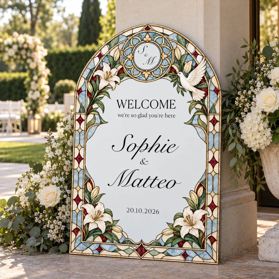 Stained Glass Wedding Welcome Sign — White Lily & Peace Dove Arch - SpeedyOrders